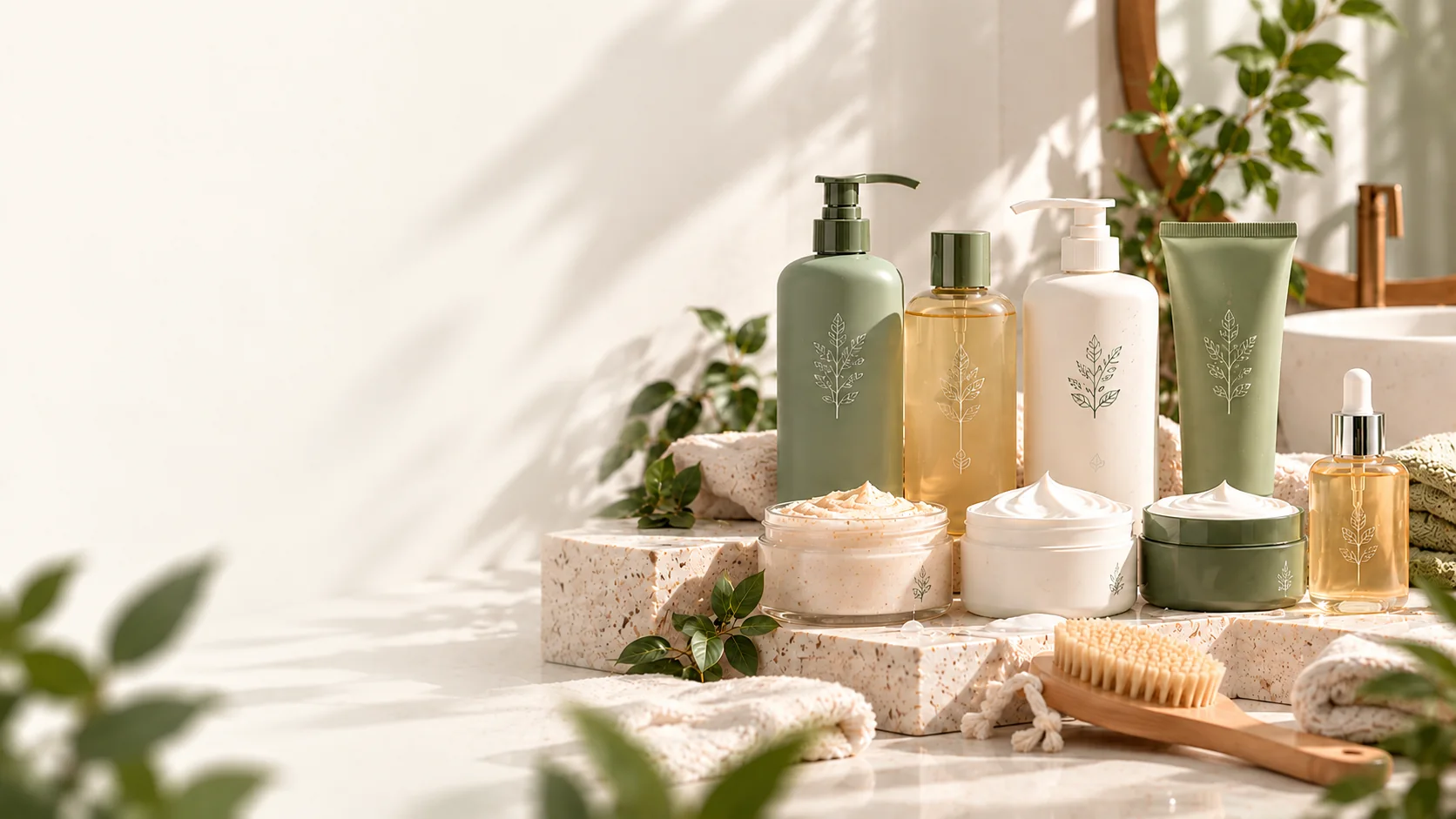 Produk body care: body wash, shower gel, body lotion, body serum, body scrub, body cream, body butter, dan body oil di atas podium batu