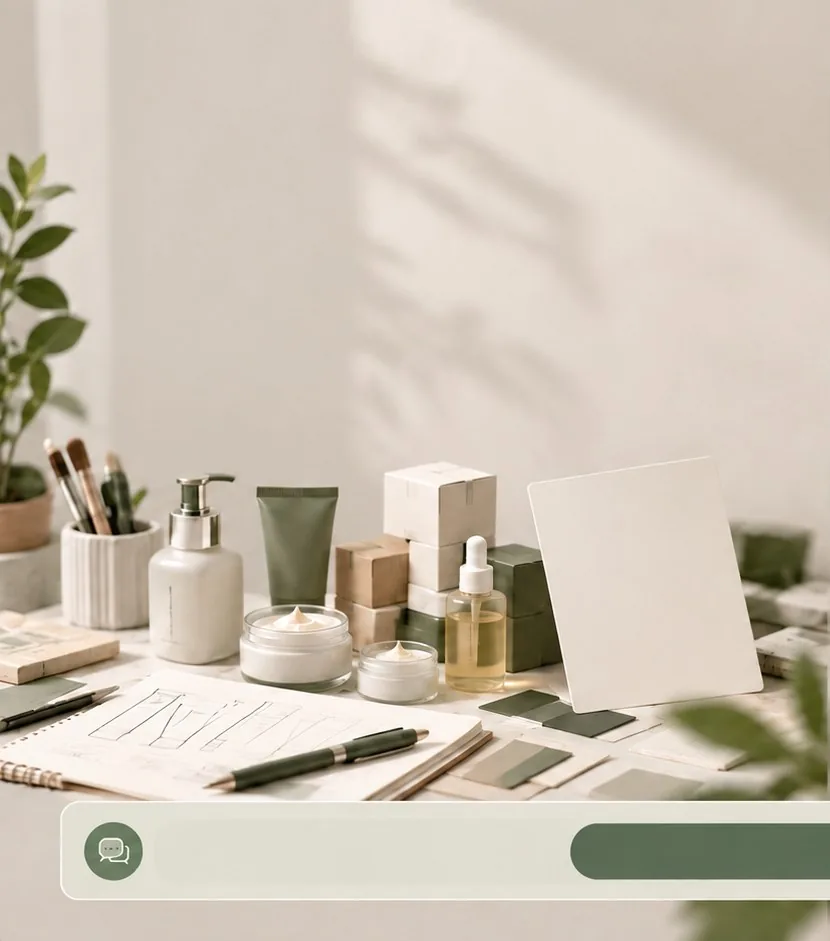 Meja kerja dengan produk kosmetik dan catatan pertanyaan produk