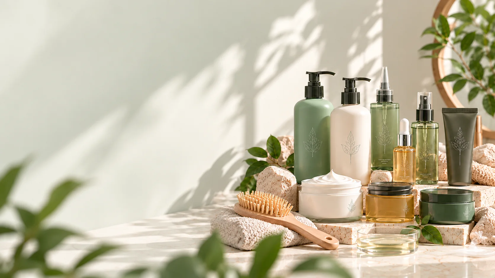 Produk hair & scalp care: shampoo, conditioner, hair tonic, scalp treatment, hair mask, hair oil, dan pomade di atas podium batu