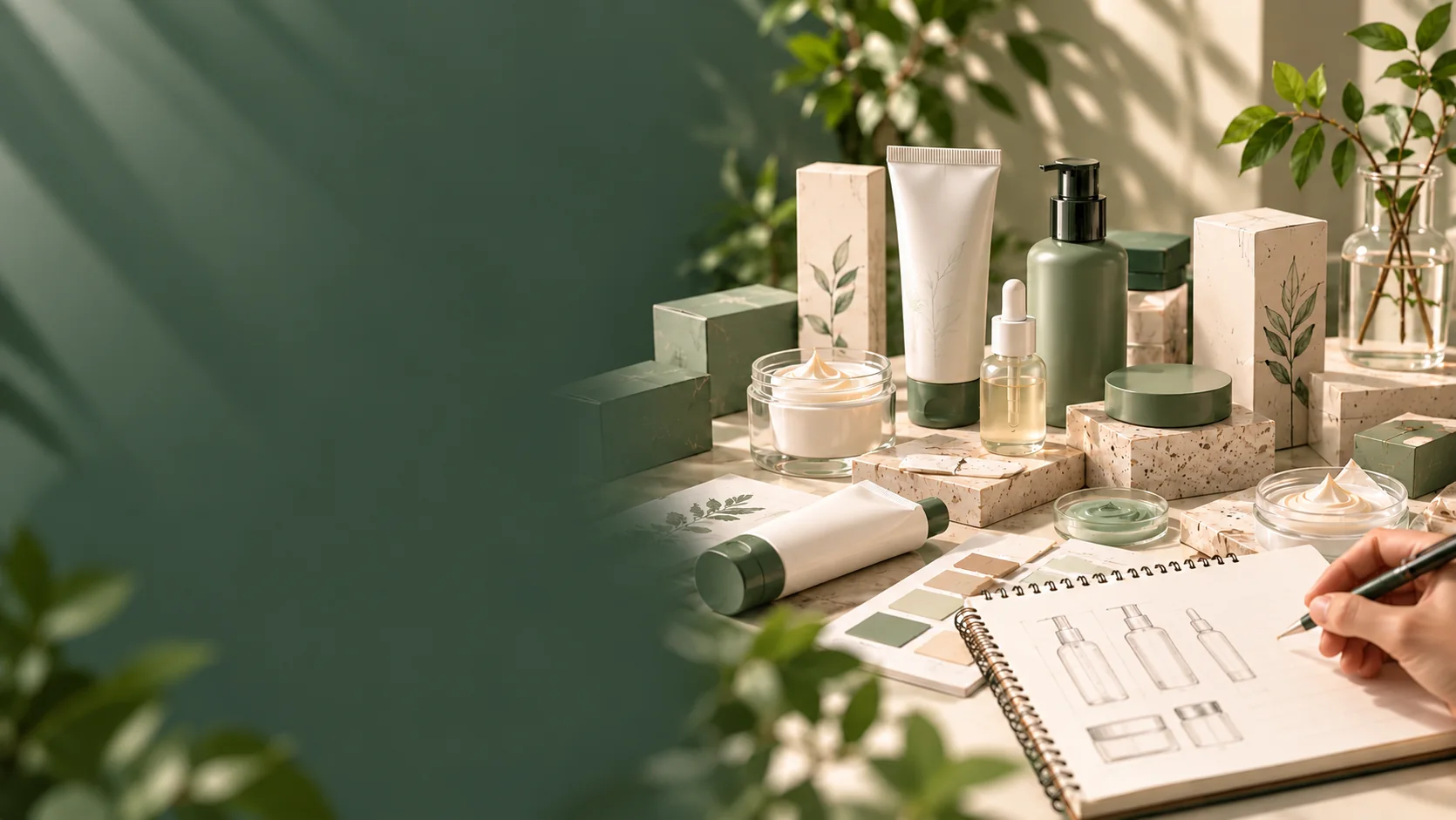 Produk kosmetik dan catatan konsep produk di meja kerja tim Dian
