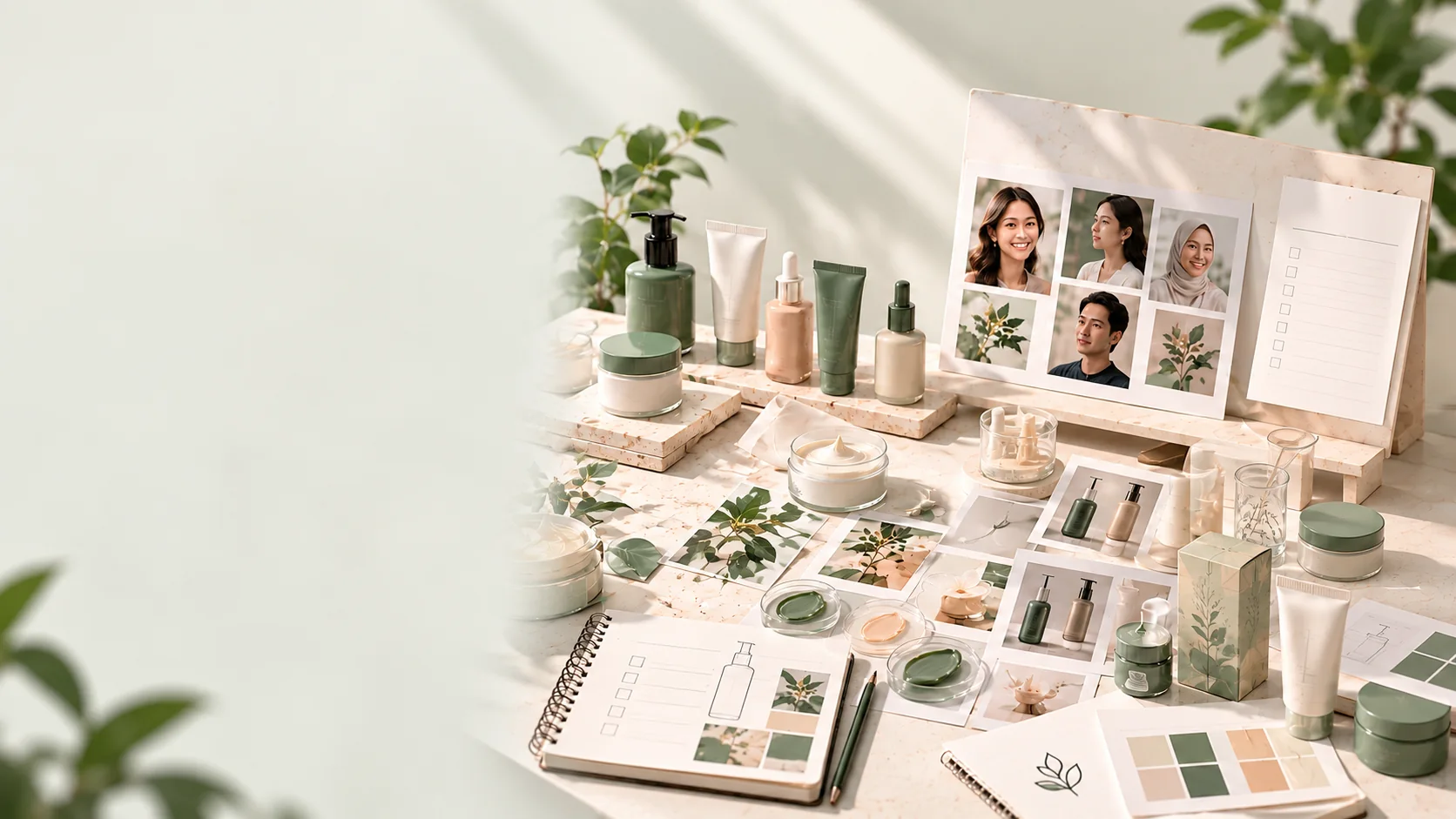 Moodboard, referensi produk, dan catatan yang disiapkan sebelum memulai maklon kosmetik