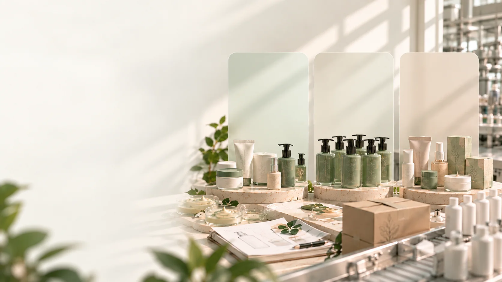 Tiga pilihan jumlah produksi minimum: White Label, OEM, dan ODM, dengan contoh produk kosmetik di meja produksi