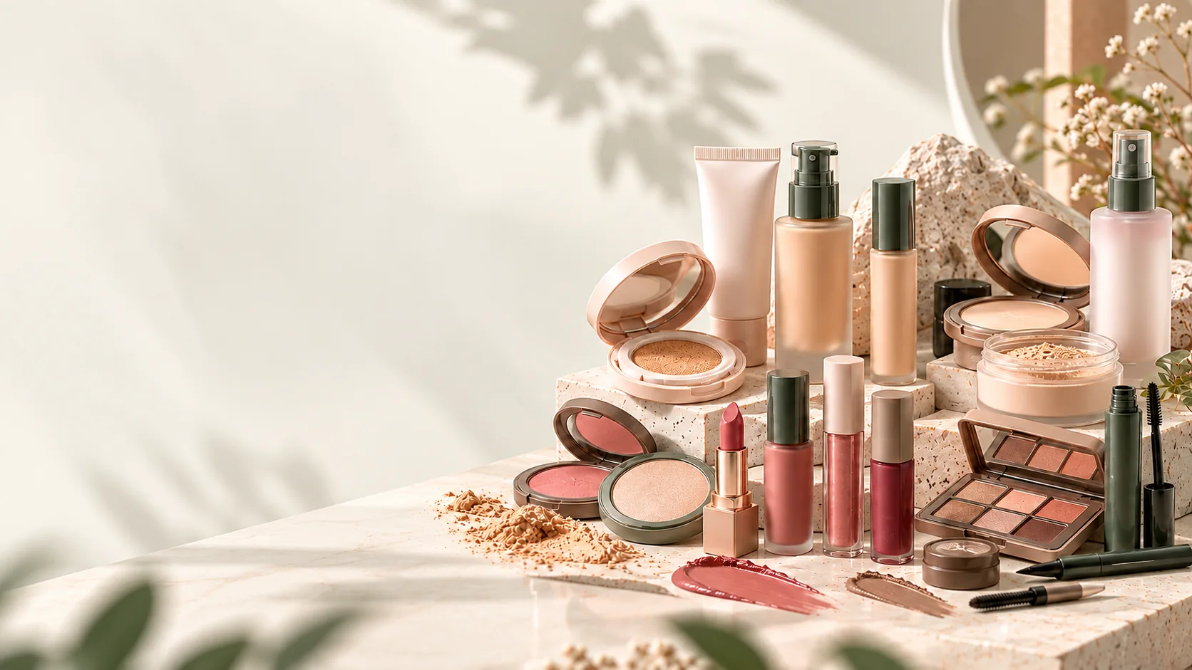 Produk makeup: cushion, foundation, concealer, compact powder, blush, lipstick, lip tint, eyeshadow, dan mascara di atas podium batu