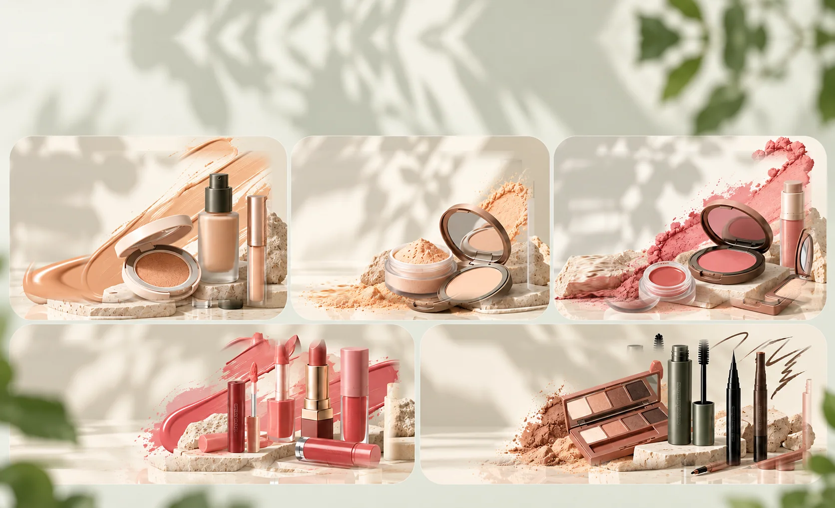 Contoh format produk makeup: foundation, powder, blush, lipstick, mascara, dan eyeshadow