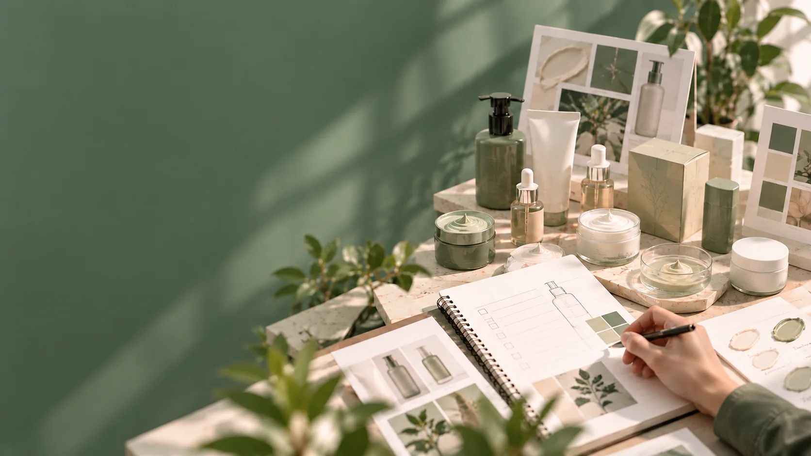 Catatan product concept, referensi, dan sampel produk kosmetik di meja kerja