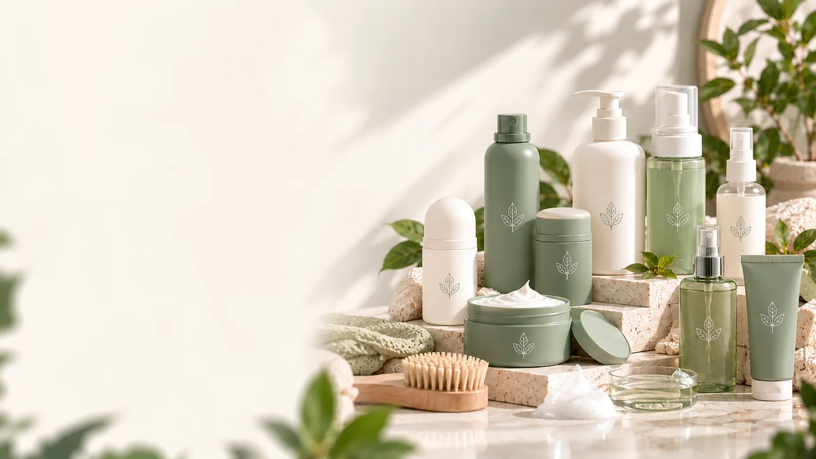 Produk personal care: deodorant spray, roll-on deodorant, deodorant stick, intimate wash, intimate foam, dan personal spray di atas podium batu