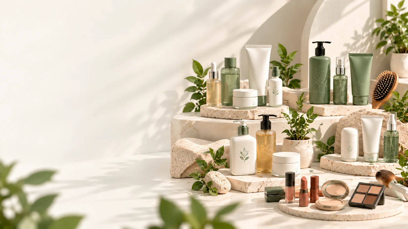Produk kosmetik skincare, body care, hair care, personal care, dan decorative cosmetics di atas podium batu