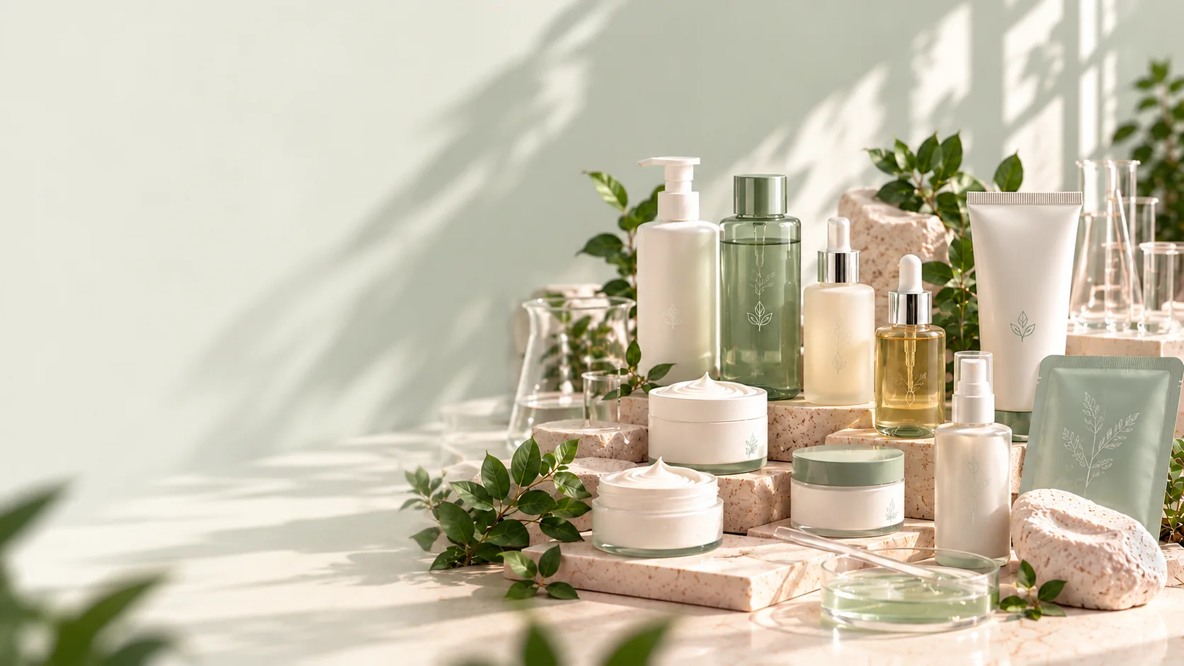 Produk skincare: facial cleanser, toner, essence, serum, moisturizer, sunscreen, face mist, dan face mask di atas podium batu